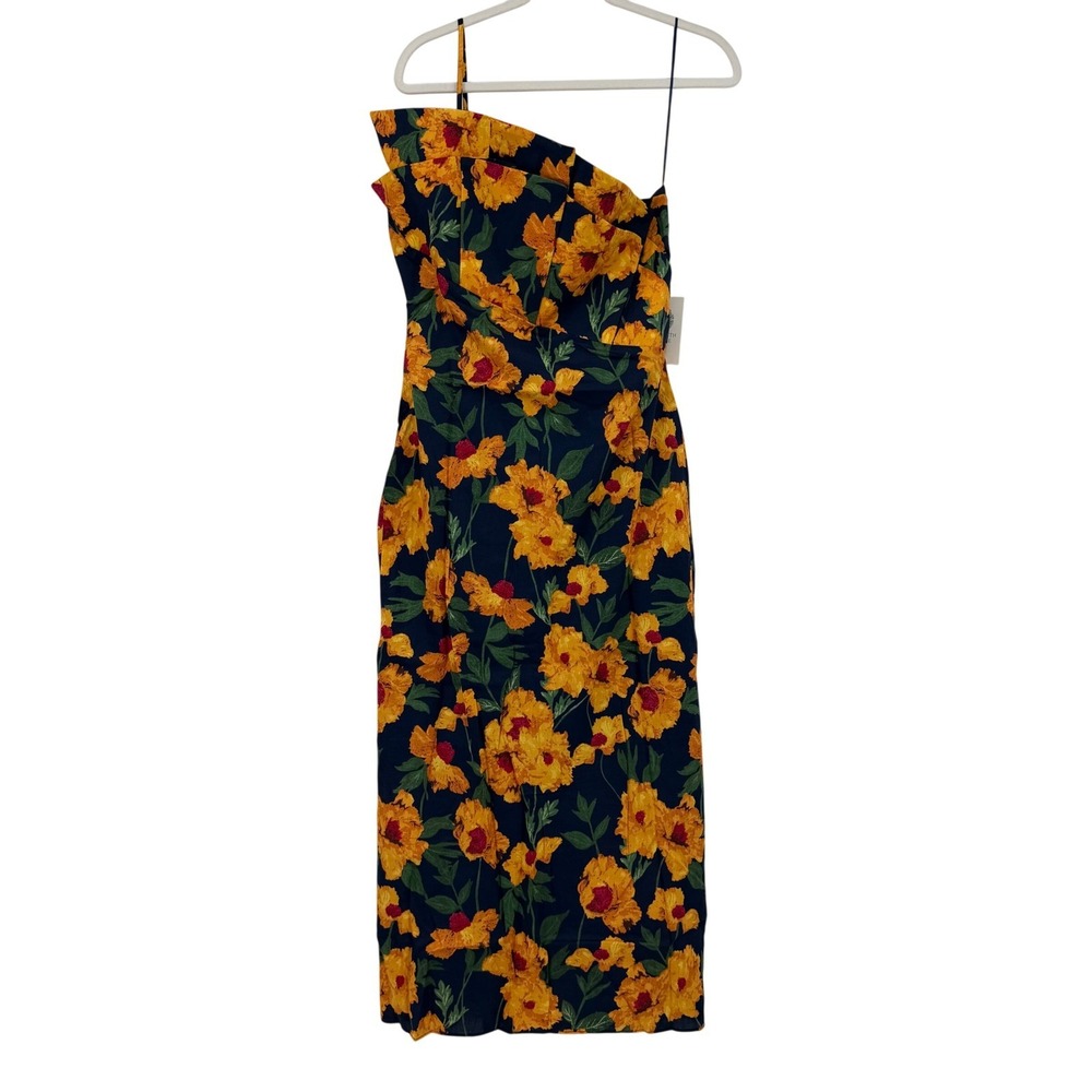 Hyacinth House Margot Dress XXS Navy Marigold Floral Ruffle One Shoulder Maxi